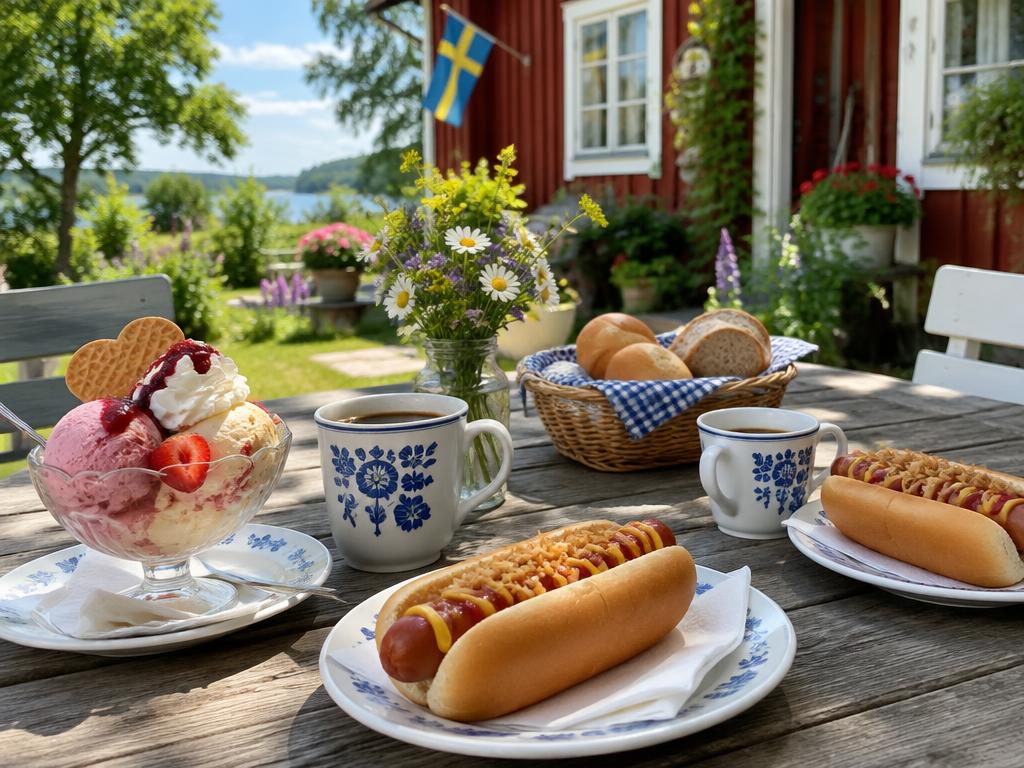 Glass, kaffe och korv med bröd serverat utomhus i sommarsolen